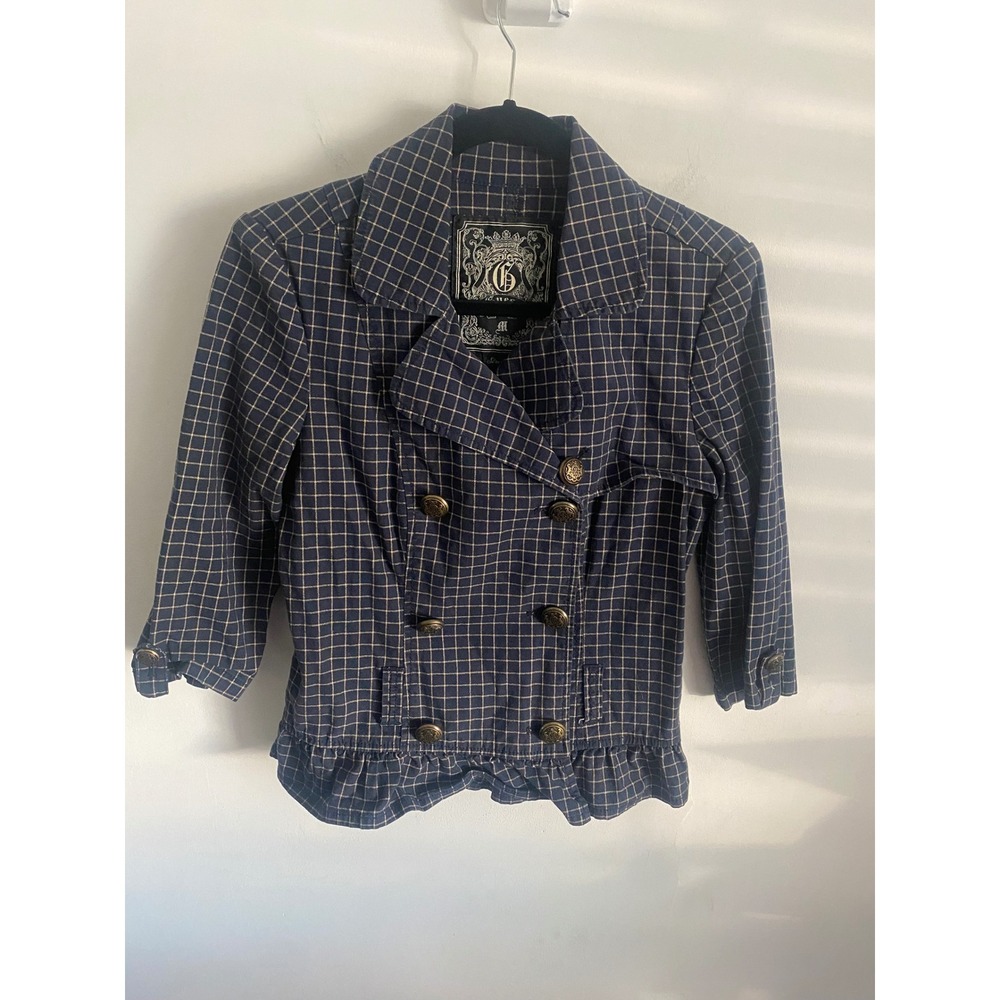 Guess Women's Blue Plaid‎ Double Breasted Ruffle Jacket Size Medium